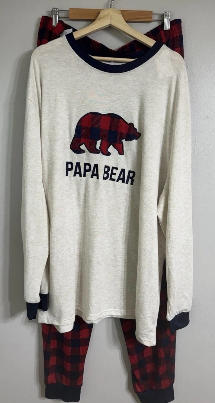 Dearfoams Pajama Set Mens Size 3XL Ivory Red Buffalo Plaid PAPA BEAR Holiday NEW